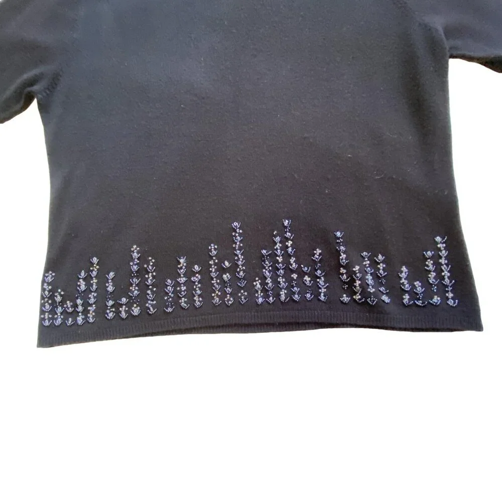 HILLARD &‎ HANSON Black Beaded Hem Knit Sweater 3/4 Sleeve 90s Y2K Vintage L
